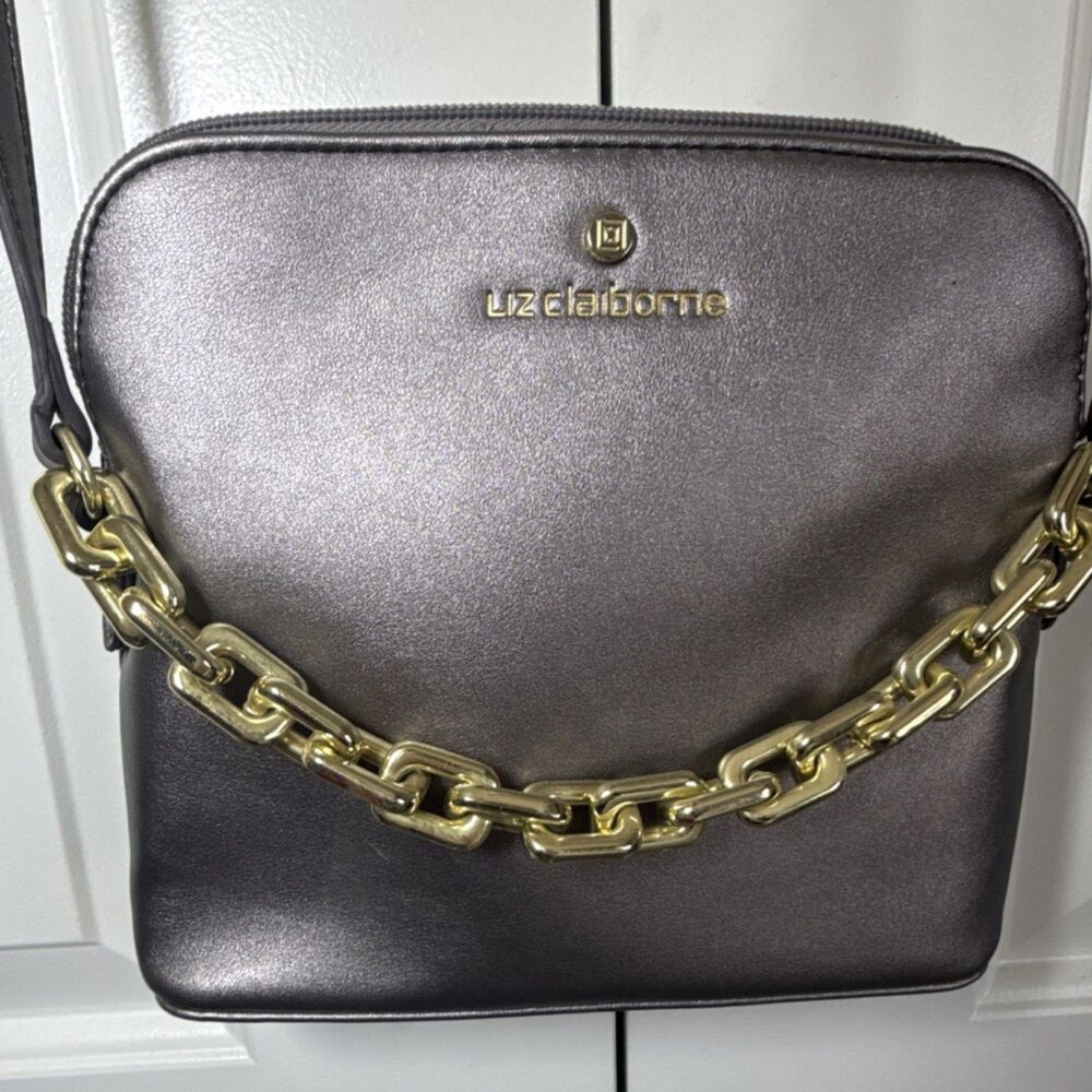 Liz Claiborne Metallic Silver Shoulder Bag Gold Chain Accent Adjustable Strap